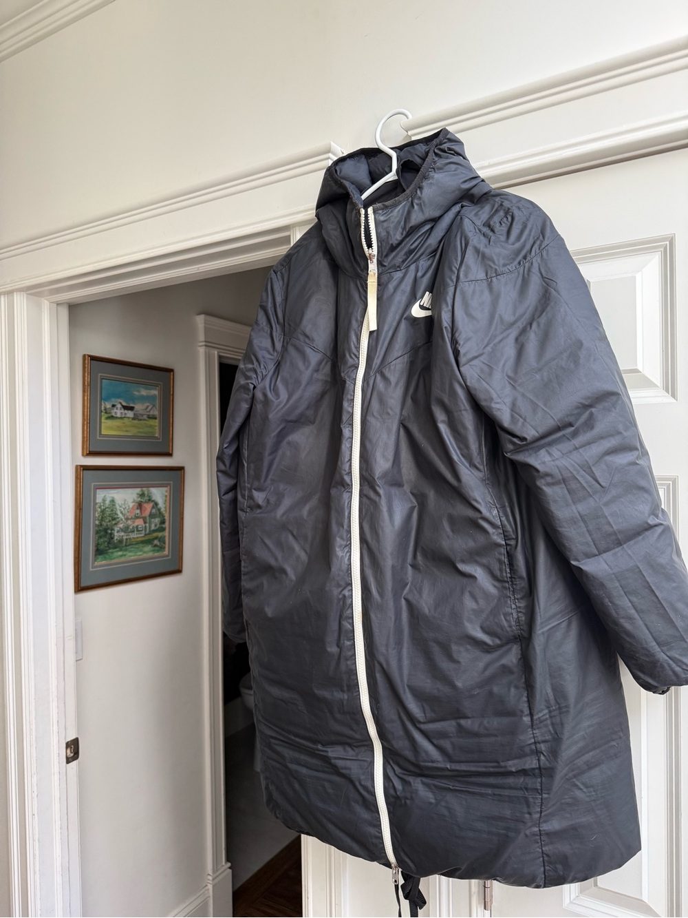 Nike Hooded Puffer Coat in Charcoal Gray with White Trim